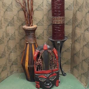 4 pc AFRICAN INSPIRATION of African mask w giraffes, candle, holder, vase
